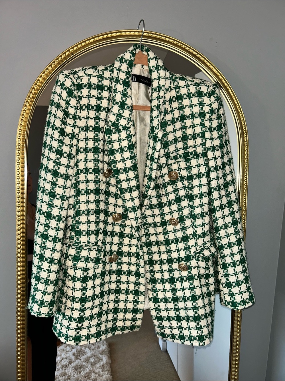 Zara Green & White Checked Double-Breasted Tweed Blazer